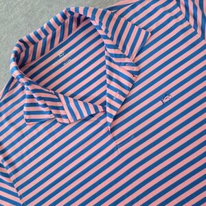 Southern Tide Men's XXL Blue Pink Stripe Polo Shirt Short Sleeve Fish Logo